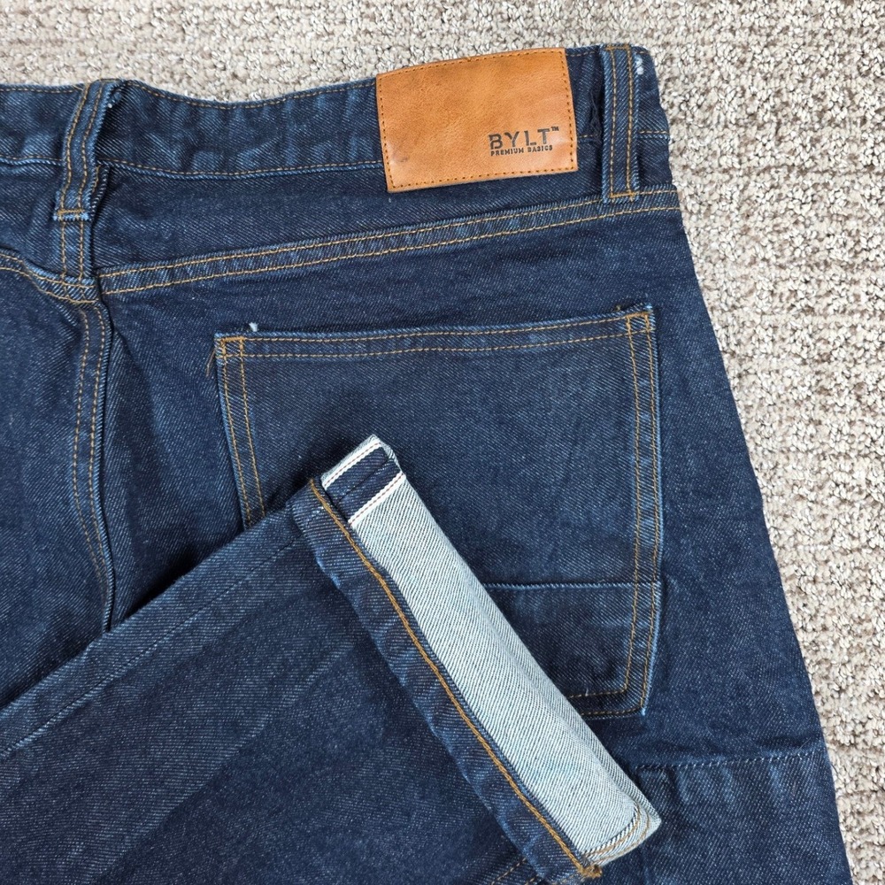 BYLT Premium Basics Men 33x30 Dark Wash Selvedge Denim Jeans Indigo Straight Leg